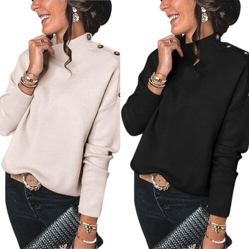 2021 Autumn New Women’s Casual Long Sleeve Sweatshirt Fashion Solid Color Button Half High Collar Pullover Tops Hot