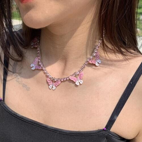 New Fashion Pink Butterfly Choker Crystal Necklaces Stainless Steel Chain Cute Pendant for Women Necklace Colorful Party Gifts