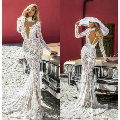 High Collar Lace Mermaid Wedding Dresses Luxurious Dubai See Through Sexy vestidos de novia Long Sleeve Bridal Gowns