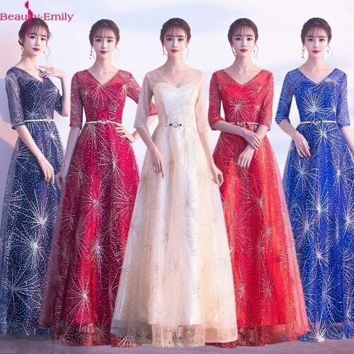 Beauty-Emily Fashion Long Tulle V Neck Bridesmaid Dresses with Sashes 2020 A-Line Vestido De Festa De Casamen Formal Party Dress