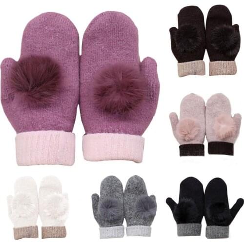 1 Pair Winter Gloves Women Cute Pompom Warm Faux Rabbit Fur Gloves Full Finger Gloves Wrist Mittens Knitted Gloves handschoenen