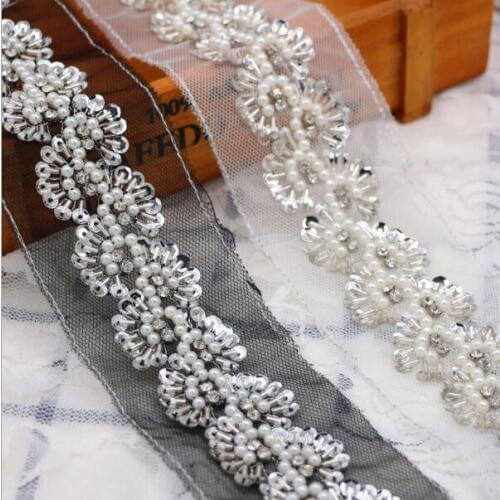 2Yards Crystal Beading Pearl Trims Beaded Sequin Lace Ribbons For Sewing Wedding Bridal Sashes Accessories Mesh Lace Decoration
