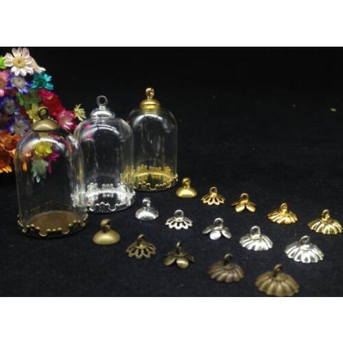 300sets/lot 30*20mm wholesale mix color tube bell jars glass vial pendant with flower tray metal cap diy glass bottle cover dome