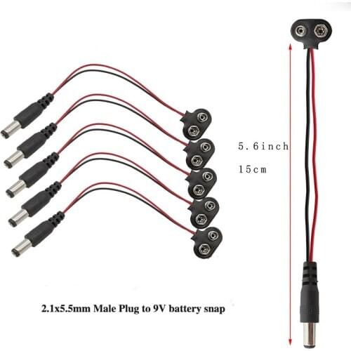 5pcs 2.1x5.5mm Male DC Power Plug to 9V Battery Button Connector Cable T Type 9V DC Battery Snap Power Connector Cable Plug