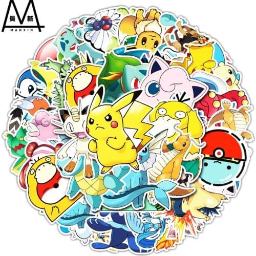 50pcs Cartoon Anime Figures Pokemon Stickers Luggage Laptop Car Phone Waterproof Stickers Children Toys Pikachu Figures Decor