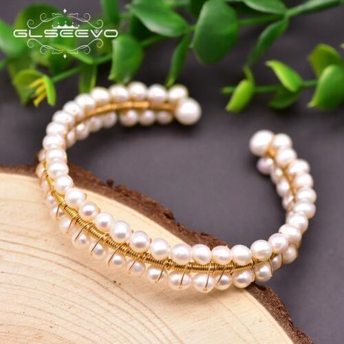 GLSEEVO Fresh Water White Small Pearls Cuff Bangles For Girl Birthday Gifts Womens Minimalism Jewelry Handmade Brazalete GB0215