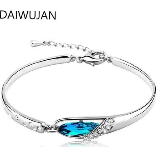 DAIWUJAN High Quality Blue Crystal Glass Charm Bracelets & Bangles 925 Sterling Silver Womens Bracelet Fine Jewelry Gift