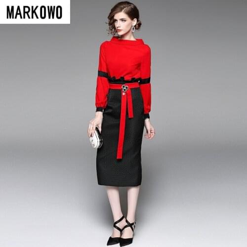MARKOWO Desinger Brand New fashion suit skirt womens two-piece red Set hip skirt Lady Office Suit