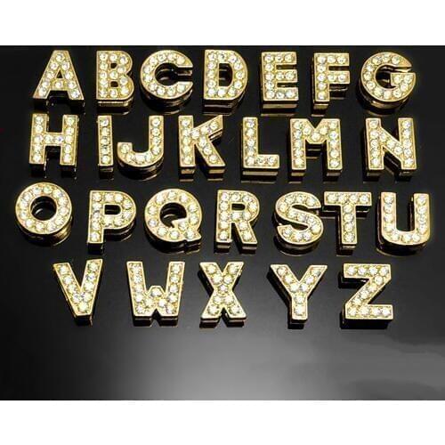 10mm Gold Rhinstone Alphabet Individual Letters A-N Slide Charms Flat Beads For 10mm Hole Bracelets Pet Collar DIY Jewelry
