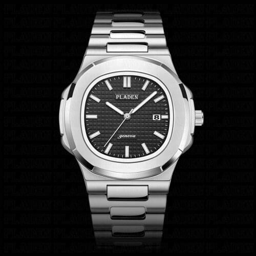 PLADEN 316L Stainless Steel Watches Men Sliver Push Button Hidden Clasp Timepiece Swimming Sport Male Clock Reloj De Hombre 2021