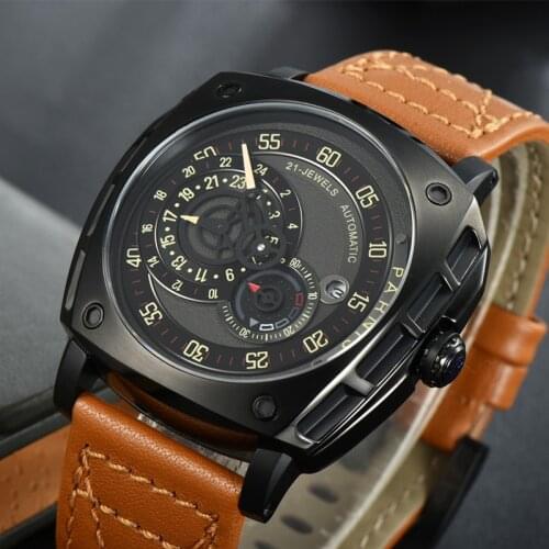 New Arrival Parnis 44mm Personality Black Dial Men Watch Calendar Japan Miyota Movement Leather Wristwatch 2021 Top Luxury Brand