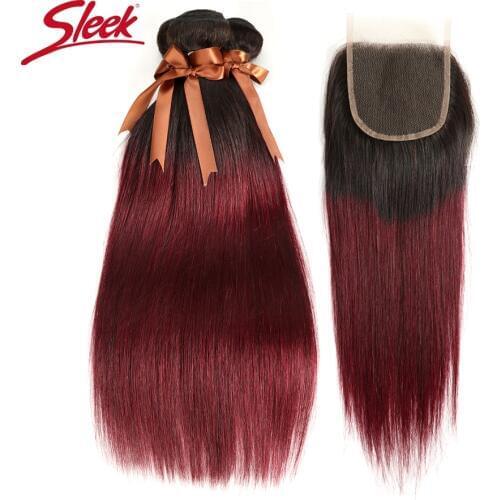 Sleek Hair Non-Remy Brazilian Straight Hair Bundles T1B/99J 100% Human Hair 3 Bundles With Closure Hair Extensions Free Shipping