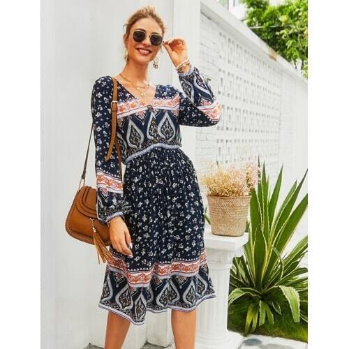 Jastie Sexy V Neck Woman Dress Boho Floral Print Long Sleeve High Waist Casual Vestido 2020 Summer Retro Chic Woman Short Dress