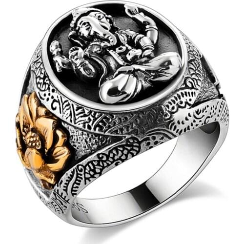 Buddha Elephant Lucky Ring With Lotus Solid Authentic 925 Sterling Silver Rings For Unisex Vintage Punk Jewelry