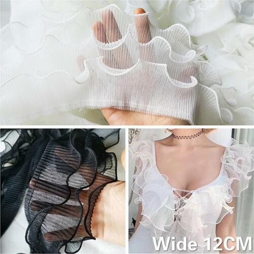 12CM Wide Three Layers White Black Elastic Ruffle Trim 3D Lace Pleated Ribbon Wedding Dress Fluffy Skirt DIY Sewing Fringe Decor