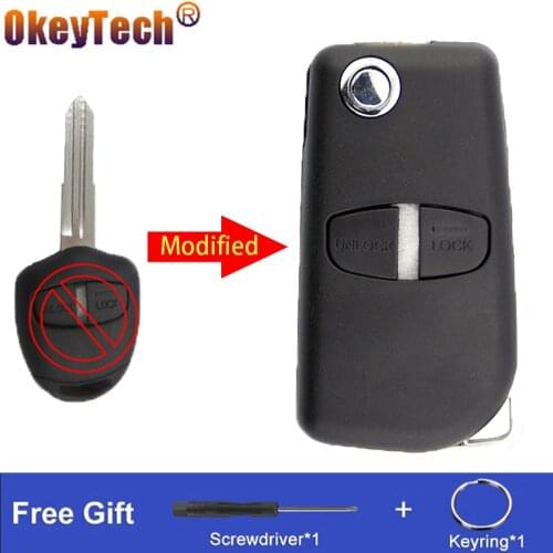 OkeyTech 2 Buttons Modified Flip Key Shell For Mitsubishi Pajero Sport Outlander Grandis ASX Folding Remote Control Car Key Case