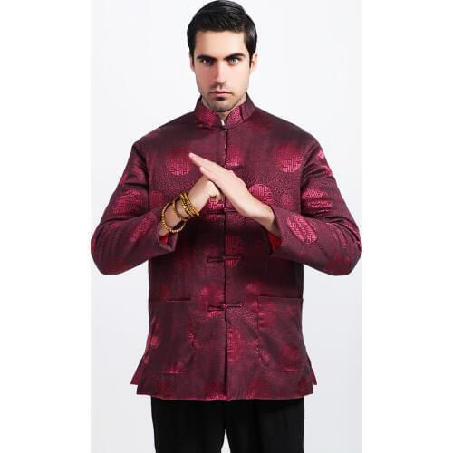 Burgundy Winter Men Cotton-Padded Jacket Chinese Silk Coat Tang Suit Thicken Overcoat Outwear Size M L XL XXL XXXL