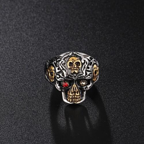 Mens Retro Titanium Steel Jewelry Punk Skull Head Ring Monocular Mosaic Red Drill Skull Cranial Ring