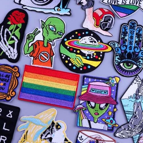 Alien space Patch Flower Appliques Embroidered For Clothing Gay Stickers Iron Patches For Clothing Cartoon Patch On T-Shirt