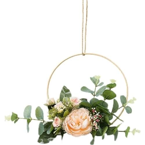Nordic Room Eucalyptus Wall Hanging Wreath Decoration Artificial Rose Flower Wood Hoop Wreath For Wedding Backdrop Floral Wreath