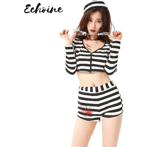 Echoine New Arrival Womens Prisoner Stripe Costume Japanese Dance Halloween Adult Party Cosplay Clothing 2 Pieces Set