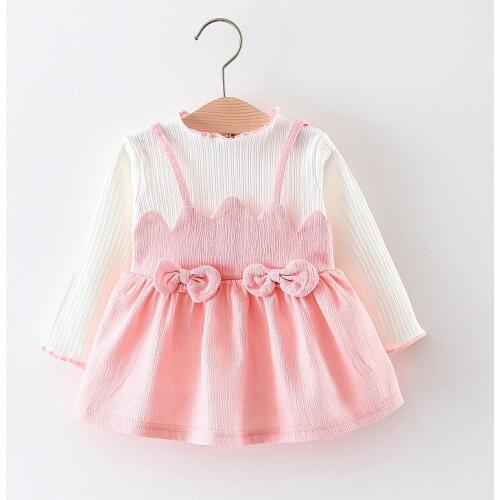 2019 Baby girls autumn dress clothing Kids new cute fake 2 pieces patchwork long sleeve dress for girls 1-2 Years