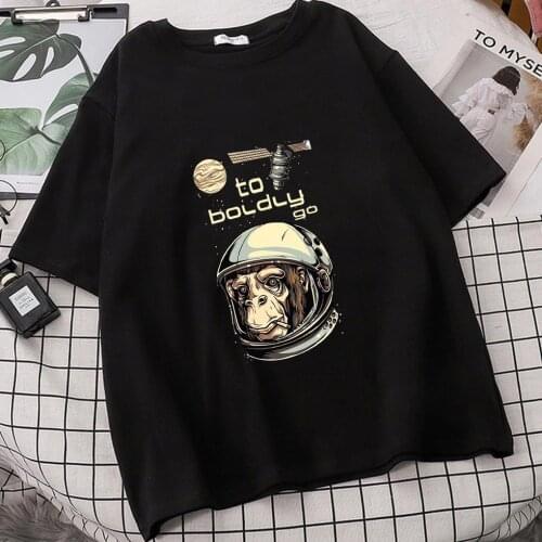 To Boldly Go Astronaut Monkey Printing Female T-Shirts Spring Summer Clothing Plus Size Tshirt Short Sleeve Casual Women Tshirt