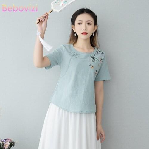 S-3XL Retro Blue Pink Cotton Linen Summer Embroidery Han Fu Traditional Chinese Clothing for Women Hanfu Tops Blouse Costume