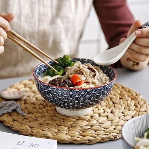 Japanese style 6-inch ceramic bowl underglaze creative high-foot salad bowl simple home restaurant anti-scalding ramen bowl