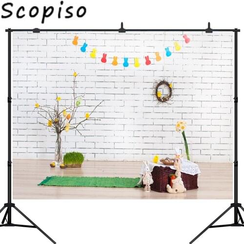 Scopiso Easter Rabbit Egg White Brick Wall Baby Room Branch Backdrop Vinyl Photography Background Photo Studio Prop