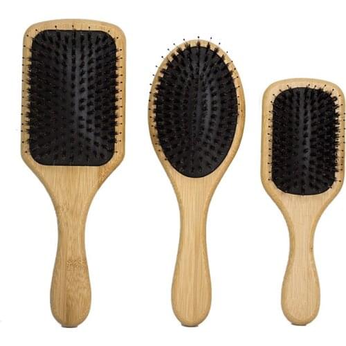 Hair Brush Natural Bamboo Handle Boar Bristles Anti-static Hair Scalp Paddle Hairbrush Gasbag Massage Comb Hair Care