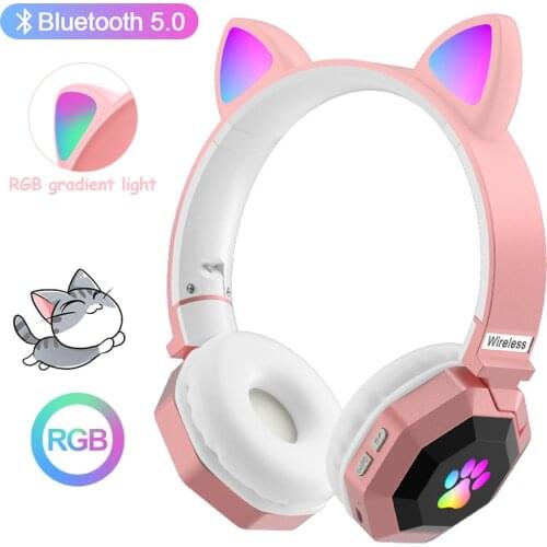 Cute Cat Ear Wireless Headphones with Mic,Control the RGB Light Gaming Headset for Kids Girls Gifts Music Bluetooth Earphone