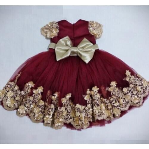 Cute Gold Lace Burgundy Tulle Girls Dresses Ball Gown Girls Clothes Pageant Gowns Prom Children Birthday Dress with Bow