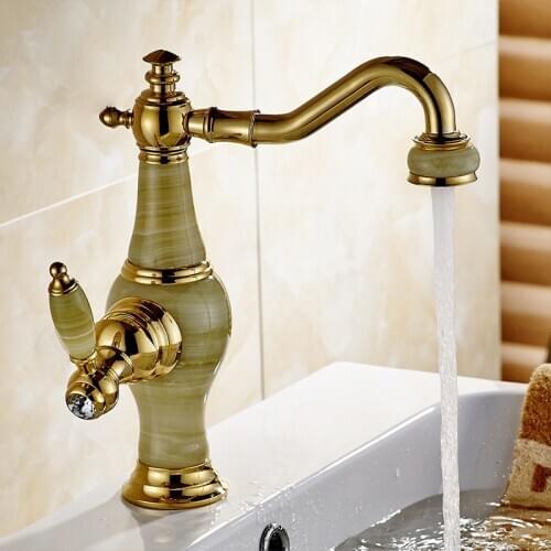 Basin Faucet Golden Brass Jade Body 360 Degree Swivel Bathroom Basin Faucet Deck Mount Countertop Water Mixer Tap