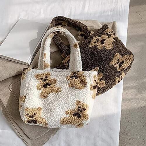Girls Cute School Bag Women Lamb Fabric Shoulder Tote Bag Bear Handbag Large Capacity Embroidery Shopping Bag Canvas Bag шоппе