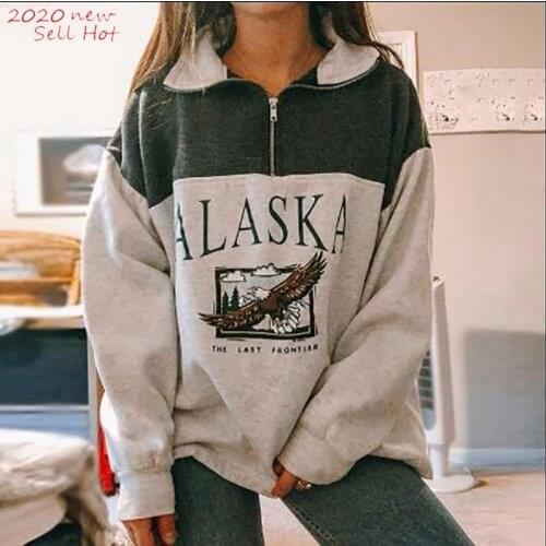 Oversized Letter Alaska Sweatshirt Women Fashion Vintage POLO Collar Casual Pullovers 2020 Winter Warm Cotton Spring Autumn
