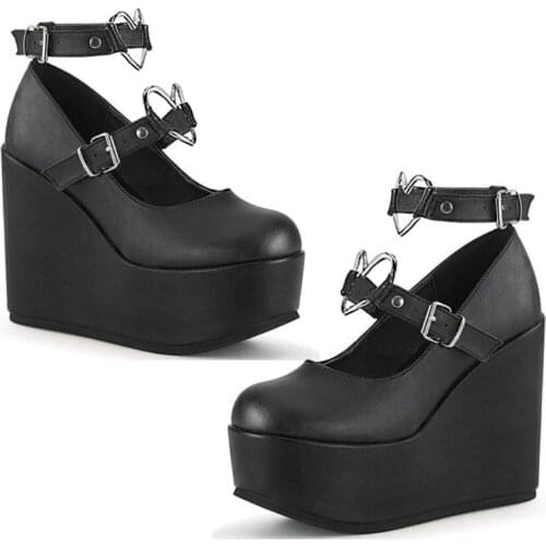 Womens Wedges Platform Mary Janes High Heel Pumps Sweet Kawaii Lolita Shoes Ankle Heart Buckle Strap Punk Goth Cosplay