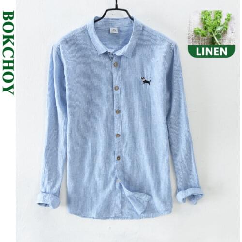 Vintage Men Shirts Cotton and Linen Long-sleeved Shirt Spring and Autumn 2020 New Style Stripe Embroidered Cute Dog