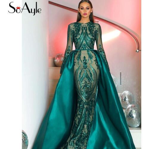 SoAyle Prom Dresses 2018 Luxury Sequin Embroidery Gold Evening Dresses Detachable Train Vestidos De Festa Bling Green Dress