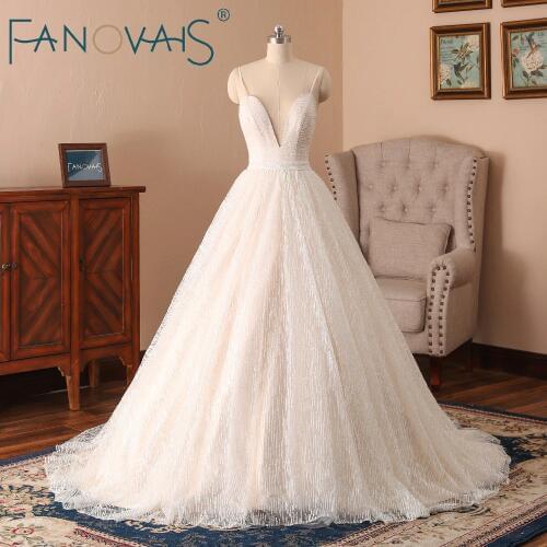 Glitter Lace Wedding Dresses Deep V Backless Sexy Bridal Gowns Vestido de Novia Vintage Beach Wedding Dress 2019