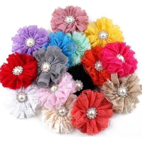 120pcs/lot 7cm 15colors Hair Clips Mesh Lace Flower+Metal Pearl Button For Hair Accessories Shabby Fabric Flowers For Headband