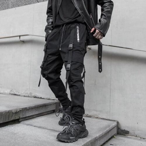 Multi pockets ribbons hip hop cargo pants street punk joggers mens elastic waist casual trousers sweatpants drop shipping