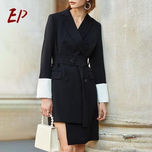 EP 2021 Spring Female Fashion Clothes Notched Long Sleeve Womens Dress High Waist Sashes Tunic Patchwork Hit Color Dresses