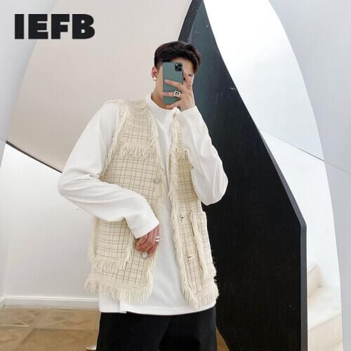 IEFB /mens wear New tweed black beige vest fashionable personality bright silk tassel Korean style waistcoat autumn 9Y4013