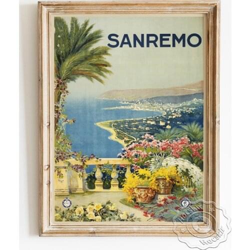 Italy Travel City Scenery Spot Advertising Poster, Flower And Plant Landscape Canvas Painting, Coastline Of San Remo Wall Art