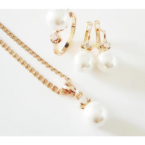 New Necklace Set for Women Rose 585 Gold Color Jewelry Romantic Round Beads Shape Earring+Ring Jewelry Sets