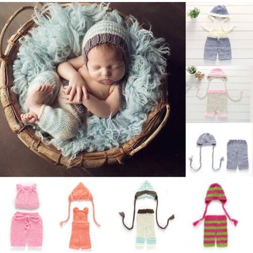Newborn photography clothing sets soft kntted hat + pants 2pcs outfit baby bot girl photo props costumes crochet clothes