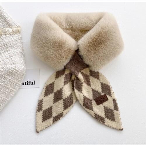 Korean Women Diamond Shaped Wool Knit Cross Buckle Warm Scarf Winter Faux Rabbit Fur Thicken False Collar Neck Guard Snood Q51