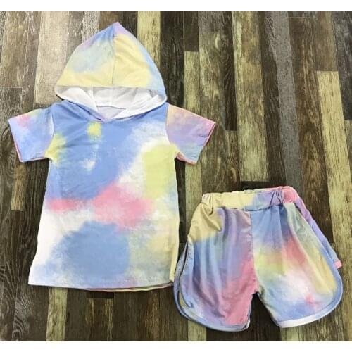 Lovely Kids summer Clothing Baby Boys and Girls Tie-Dyed Sport Short Sleeve Shorts Set with Hoodie