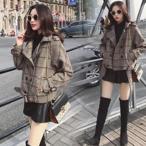Woolen Jacket Female Plaid Fashion Loose Double-Breasted Short Paragraph Wool coat spring Autumn Outerwear Casaco Feminino C140